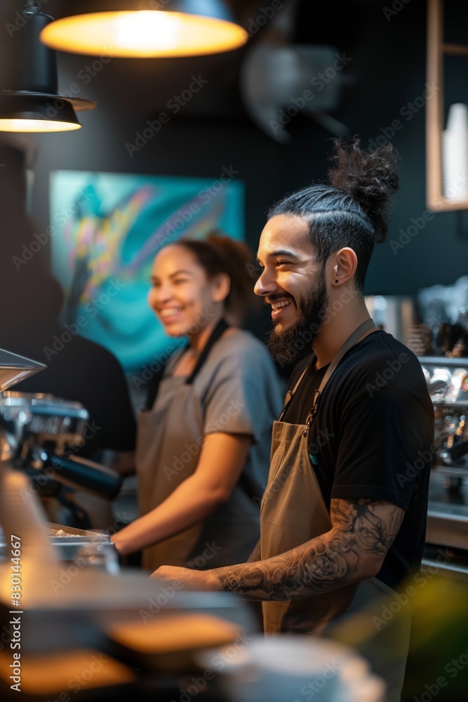 happy people at work, woman and man barista working at coffee shop