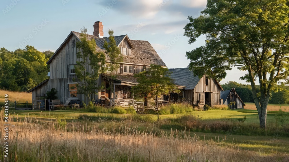 The rustic farmhouse, with its weathered barn and sprawling fields, embodies the essence of country living