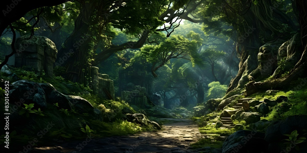 Captivating digital painting background showcasing a stunning lush forest with towering trees. Concept Digital Painting, Lush Forest, Towering Trees, Captivating Background, Stunning Artwork