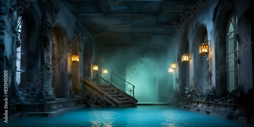 Transforming an Abandoned House Spa Retreat with Green-Tiled Pool Area into an Aquamarine Steam Room. Concept Abandoned House Renovation, Green-Tiled Pool Area, Aquamarine Steam Room Transformation