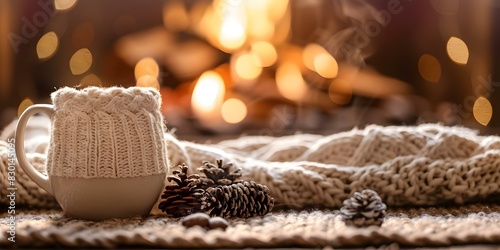 Cozy winter scene with a cup of cocoa by crackling fire. Concept Winter Photoshoot, Cozy Atmosphere, Hot Cocoa, Firelight Ambiance