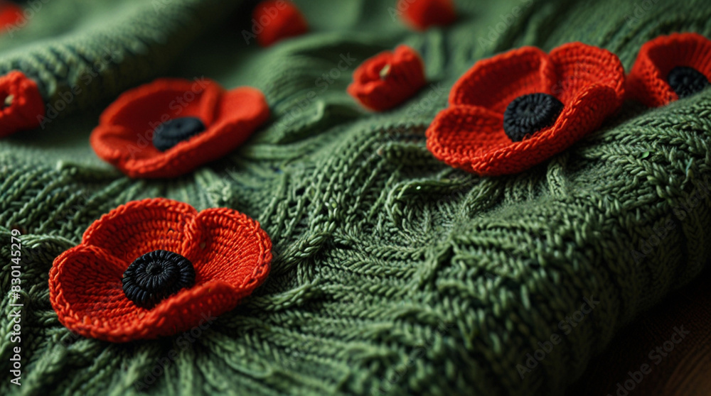 Obraz premium Knitted Wool Texture of Red Poppy on Green Background - World War Remembrance Day Tribute