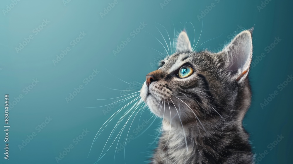 Cute banner with a cat looking up on solid blue background Cute banner with a cat looking up on solid blue background