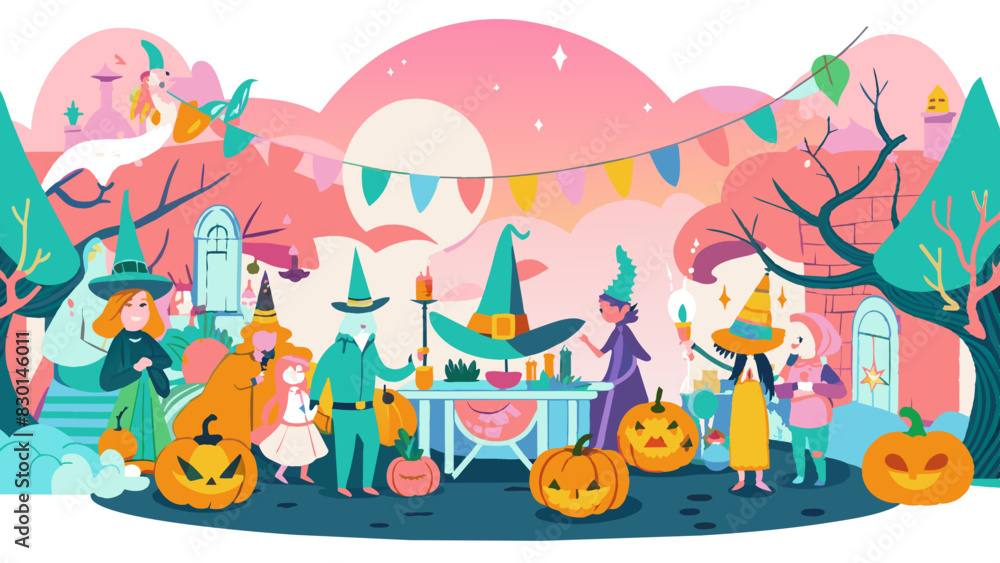 Naklejka premium Enchanting Halloween Celebration with Costumed Characters and Pumpkins