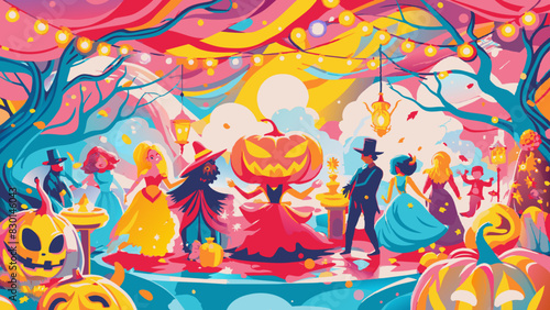 Enchanted Halloween Ball with Costumed Guests and Whimsical Decorations