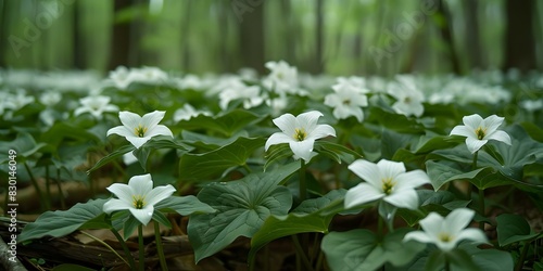 The forest floor becomes a canvas of white trilliums their pristine petals creating a carpet of floral beauty in the heart of the woods. Concept Nature, Flowers, Forest, White Trilliums, Beauty photo