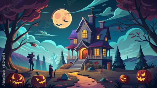 Enchanted Halloween Night with Haunted House and Full Moon