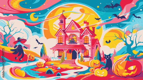 Vibrant Halloween Fantasy Landscape with Haunted House and Whimsical Elements