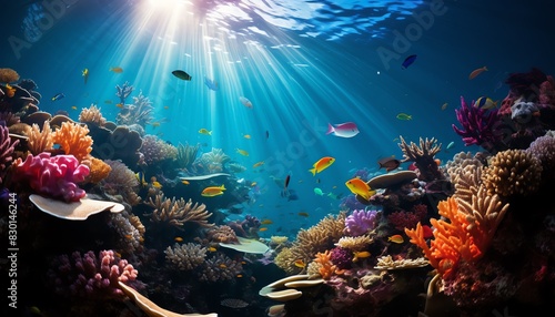 Vibrant underwater coral reef scene with colorful fish and sunlight filtering through the ocean  capturing marine life and natural beauty.