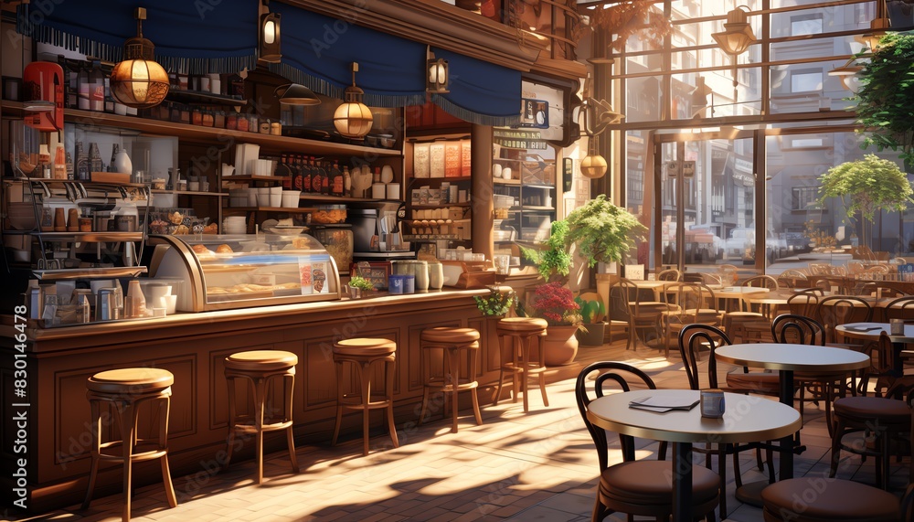 Cozy European-style cafe with rustic decor, wooden furniture, and warm lighting, perfect for a relaxed coffee break or casual dining experience.