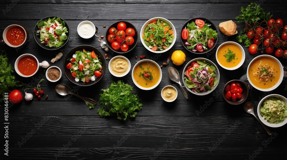 Background food and dishes. Salads, snacks and soups On a black wooden background. Top view. Free space for your text. Background food and dishes. Salads, snacks and soups On a black wooden background. Top view. Free space for your text.