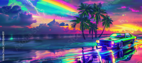 Vibrant surreal sunset on tropical beach with retro car and colorful neon reflections. Vivid retrowave synthwave vaporwave banner