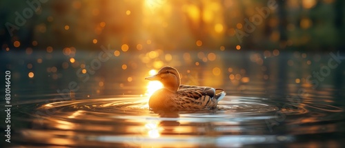 wild duck swimming in nature pond during raining, springtime cute animal photo