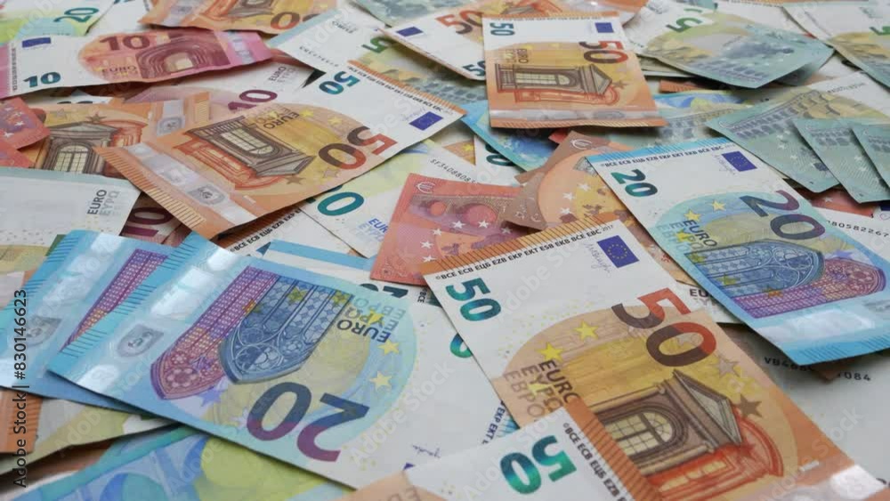 Real-time motion flying over various Euro banknotes Real-time motion flying over various Euro banknotes