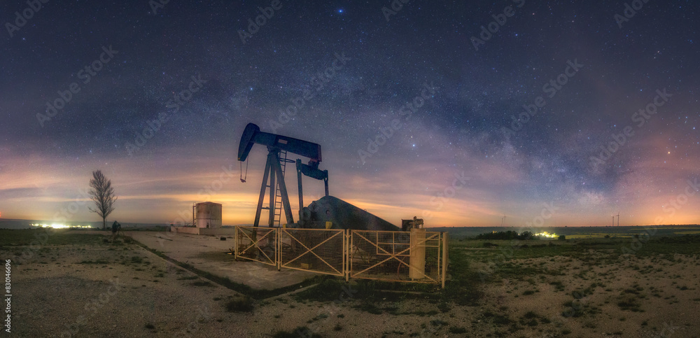 Fototapeta premium Milky Way over the Sargentes de la Lora oil fields in Burgos on a summer night with the starry sky