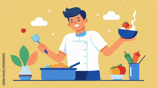 A man cooking a nutritious meal from scratch finding joy in the process and nourishing his body.. Vector illustration