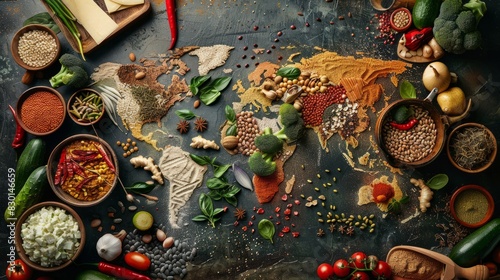 Diverse range of global cuisines. Top view of world map made of food ingredients and vegetables.