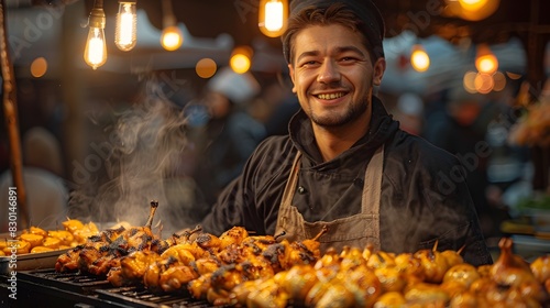 Vibrant Street Food Vendor Crafting Delectable Roasted Chickens A Culinary Journey
