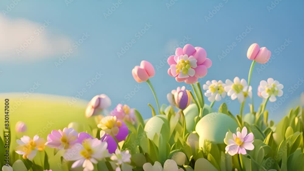 3d Animation cartoon happy spring flowers in blue sky. Fresh Green grass and pastel summer spring landscape Animated background colorful spring flowers. Colorful summer garden with sunlight shining 4k