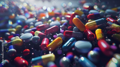 Colorful medicine tablets antibiotic pills background illustration generated by AI photo