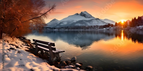Winter Sunset at Lake Annecy in Haute-Savoie, France: A Scenic View of the French Alps. Concept Landscape Photography, Winter Season, Lake Annecy, French Alps, Haute-Savoie