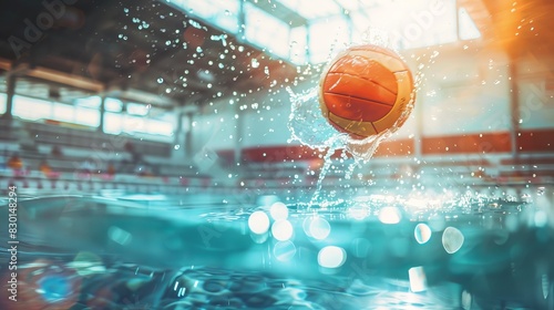 Water Polo Ball caught mid-air during pass, selective focus, teamwork, ethereal, Double exposure, sports arena backdrop photo