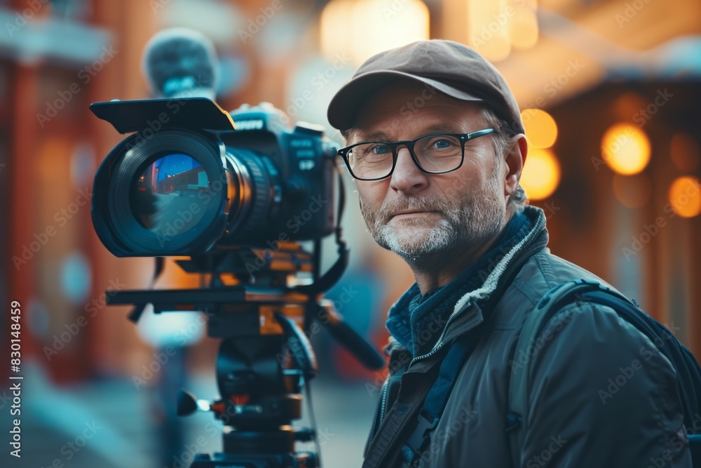 Mature film director, confident, professional, digital SLR, standard zoom, daytime, set portrait, digital, high realism, set light. , background blur Mature film director, confident, professional, digital SLR, standard zoom, daytime, set portrait, digital, high realism, set light. , background blur