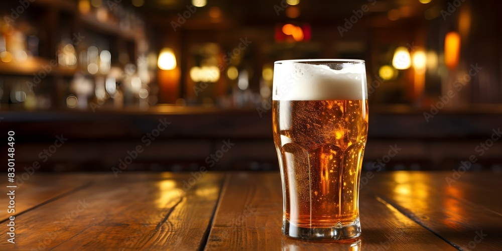 Cold beer in glass in dimly lit pub: a closeup shot. Concept Food and Drink Photography, Close-up Shots, Nightlife Atmosphere, Dimly Lit Pub, Cold Beer