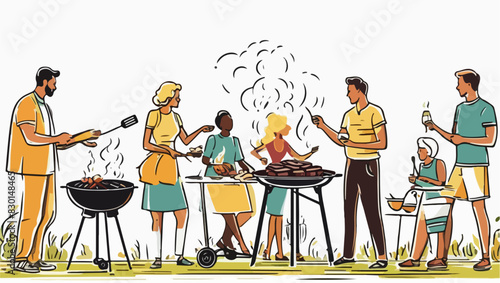 Friends enjoying a barbecue cookout vector scene