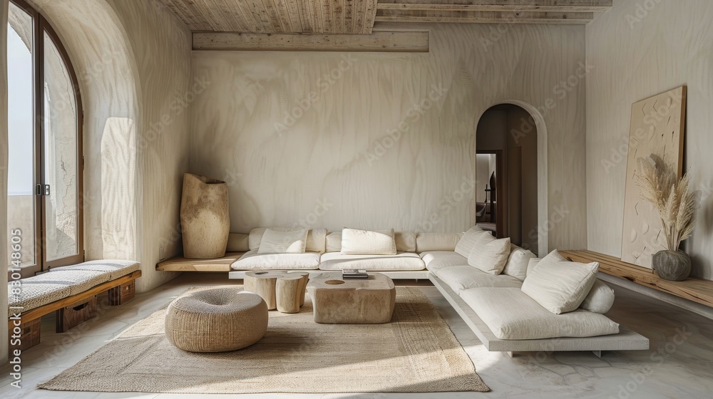 Minimalist living room showcases the beauty of reclaimed wood furniture and organic fabrics. The simple design creates a sophisticated space with a focus on environmental responsibility Minimalist living room showcases the beauty of reclaimed wood furniture and organic fabrics. The simple design creates a sophisticated space with a focus on environmental responsibility