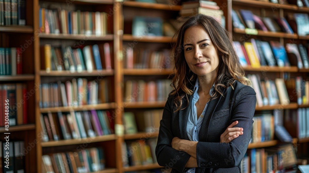 A woman stands in a library with her arms crossed and a smile on her face A woman stands in a library with her arms crossed and a smile on her face