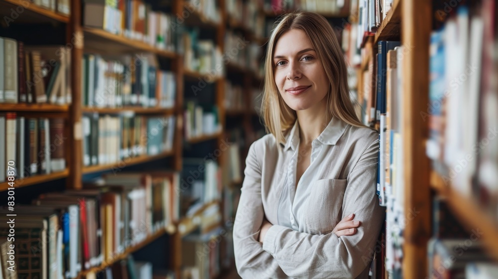 A woman stands in a library with her arms crossed and a smile on her face A woman stands in a library with her arms crossed and a smile on her face