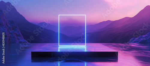 Empty product podium with neon indigo square, minimal style, set against a silent mountain range. 3d render illustration. 
