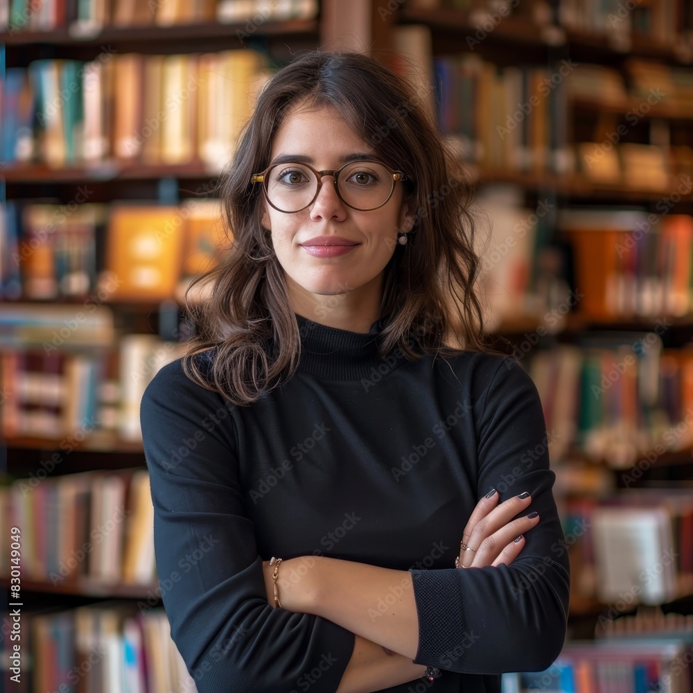 A woman stands in a library with her arms crossed and a smile on her face A woman stands in a library with her arms crossed and a smile on her face
