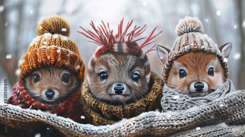 funny cute animals wearing winter hats. funny cute animals wearing winter hats.