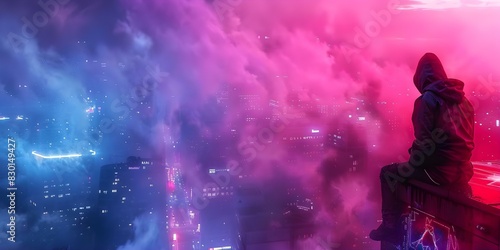 A figure on a skyscraper gazes at a misty neon cyberpunk cityscape. Concept Cyberpunk, Skyscraper, Cityscape, Neon Lights, Mystery