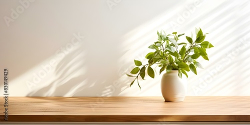 Sunny Shadows on Wooden Table with Greenery against White Wall Background. Concept Outdoor Photoshoot  Natural Light Photography  Shadow and Light Contrast  Textured Surfaces  Interior Design