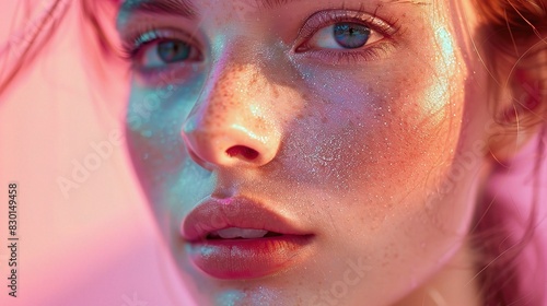 close-up shot of smooth, clear beauty face skin, highlighted by soft pastel color