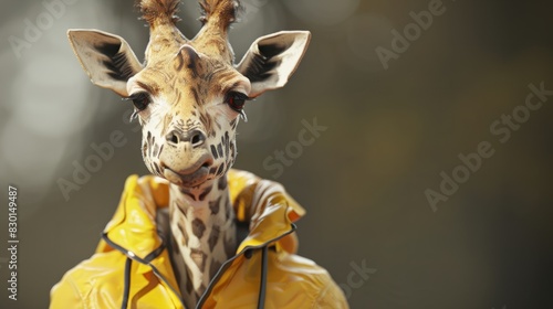 Funny giraffe with casual clothes. A tall animal wearing a yellow and fashion coat. Generative AI photo