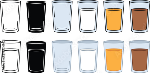 Cartoon Milk, Orange Juice and Chocolate Milk Drink in a Glass Clipart Set - Outline, Silhouette and Color
