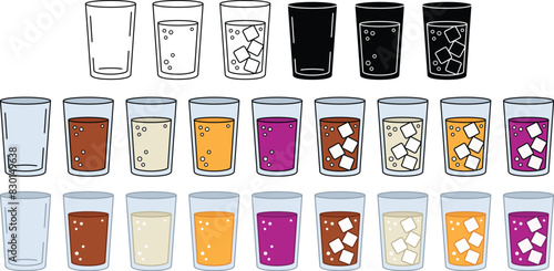Soda or Carbonated Pop Soft Drink in a Glass Clipart Set - Outline, Silhouette and Color