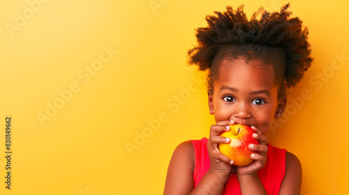 cheerful little African American girl in a red dress eating an apple on a bright yellow background copy space healthy vegetarian food for children