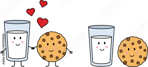 Cute Cartoon Kawaii Milk and Cookie Clipart Holding Hands with Hearts
