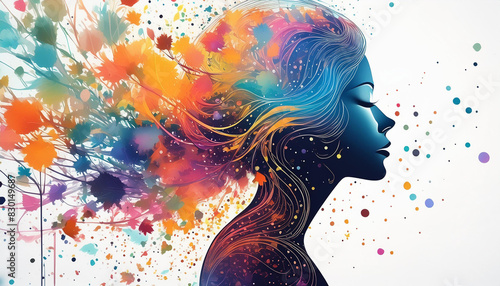 woman girl in meditation with hair silhouette watercolor made of color splash love. Composed of human profile and colorful lines. 