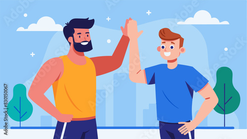 Grinning ear to ear a man high fives his personal trainer after completing a difficult circuit training session he never thought he could do it.. Vector illustration