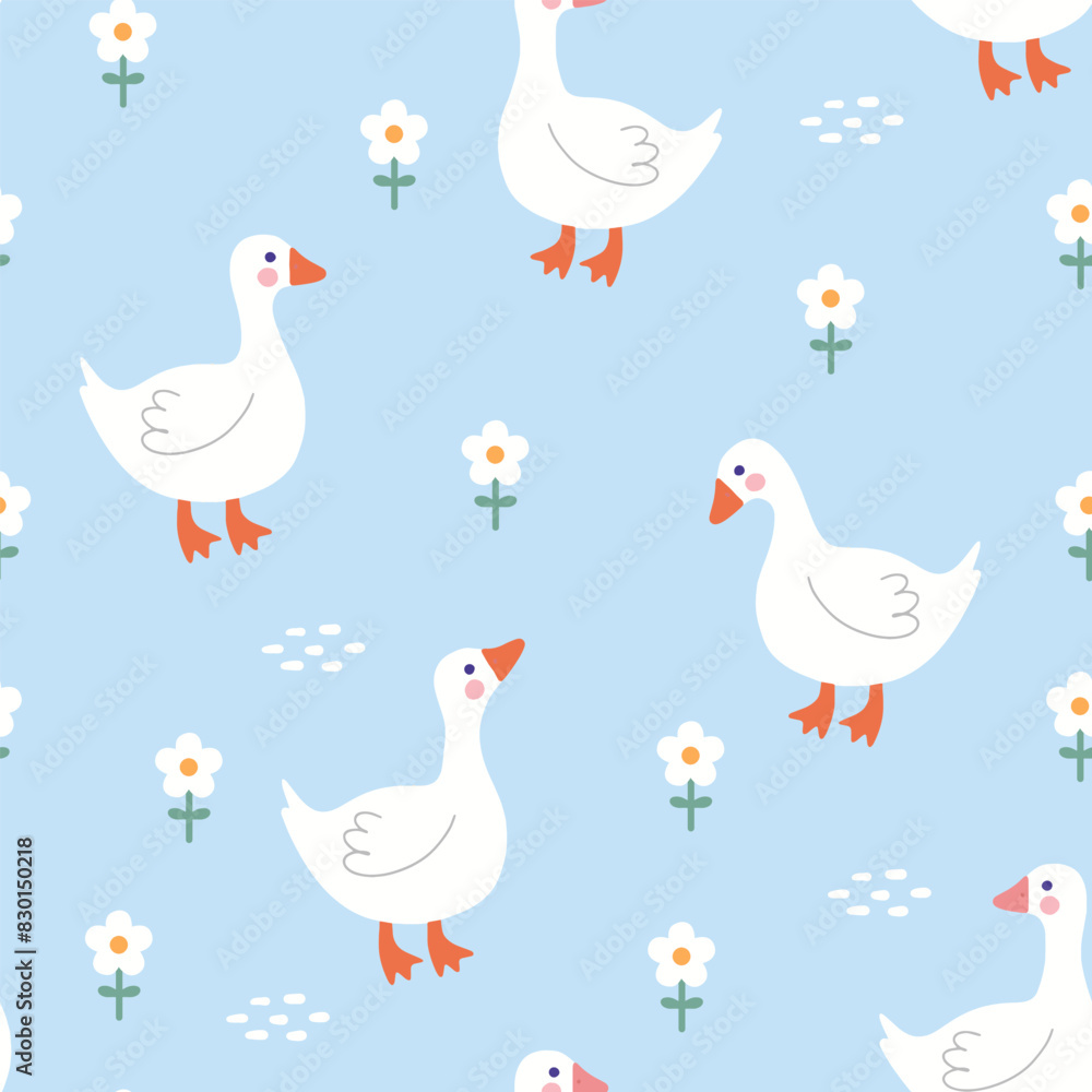 Cute goose on a blue background with camomile white flowers, kids fabric and textile vector print design, seamless pattern Cute goose on a blue background with camomile white flowers, kids fabric and textile vector print design, seamless pattern