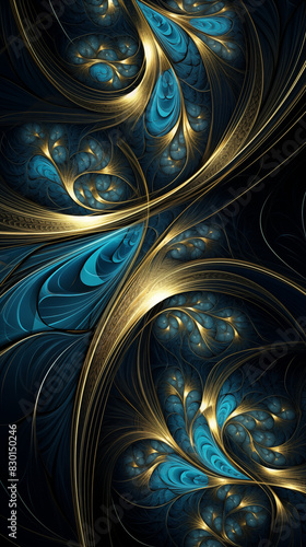 Abstract Image, Complex Gold and Blue Fractals, Pattern Style Texture, Wallpaper, Background, Cell Phone and Smartphone Cover, Computer Screen, Cell Phone and Smartphone Screen, 9:16 Format - PNG