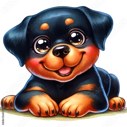 A cheerful watercolor cartoon of a Rottweiler lying down with big, expressive, bright, and sparkling eyes that convey a happy and content emotion. photo