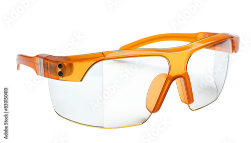 Clear safety glasses with orange frame providing eye protection for industrial, laboratory, or personal use. photo