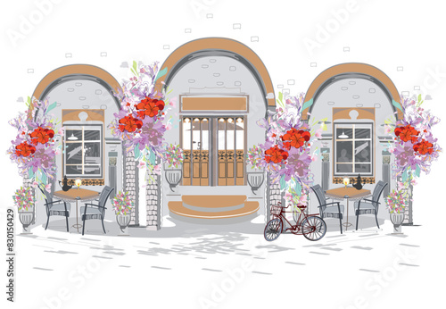 Series of backgrounds decorated with flowers, old town views and street cafes. Café window.   Hand drawn vector architectural background with historic buildings. 